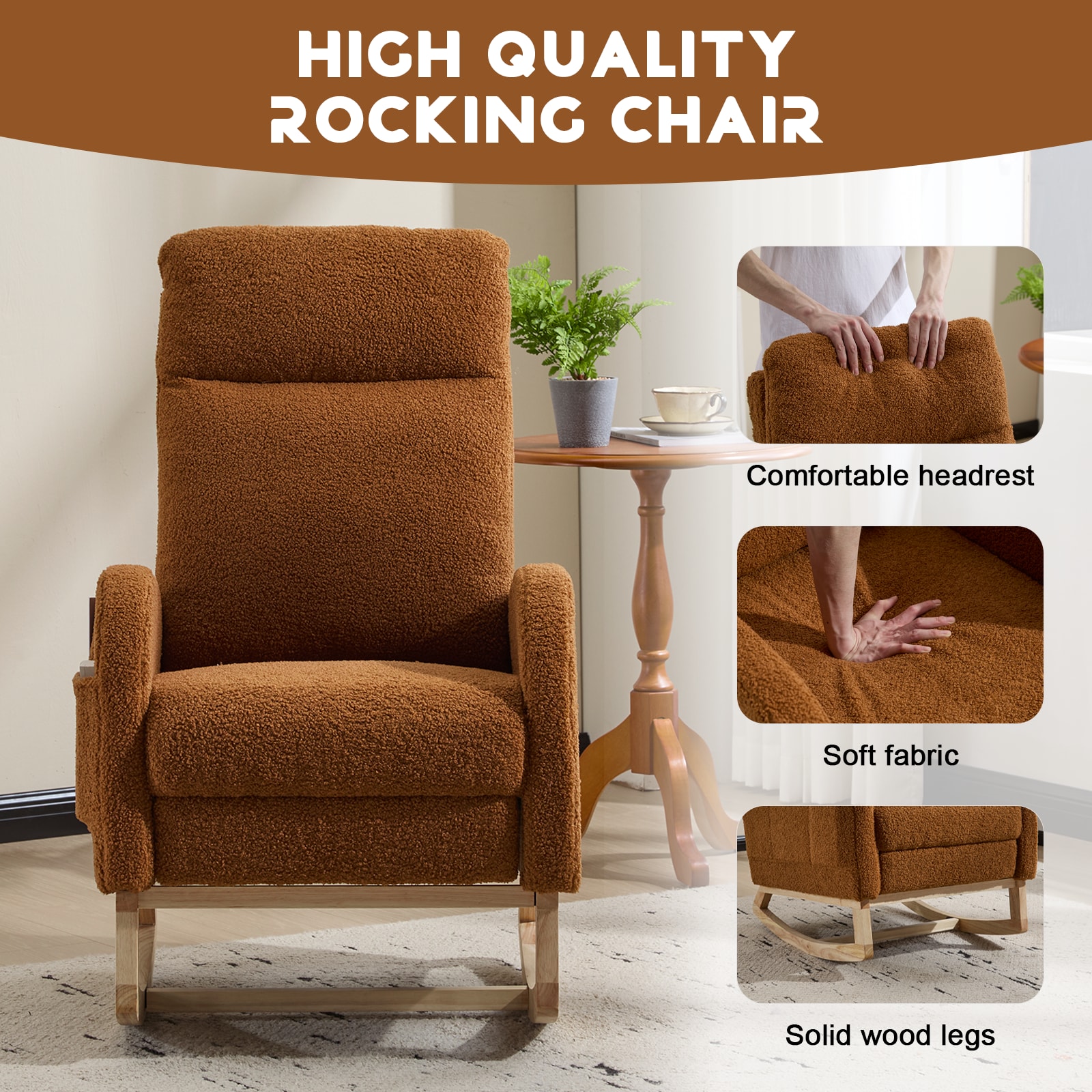 Modern Accent Rocking Chair Rocking Chair With Solid Wood Legs, Upholstered Nursery Glider Rocker, Comfy Armchair With Side Pocket, Living Room Lounge Arm Chair With High Backrest (Brown,teddy)_voghion.com